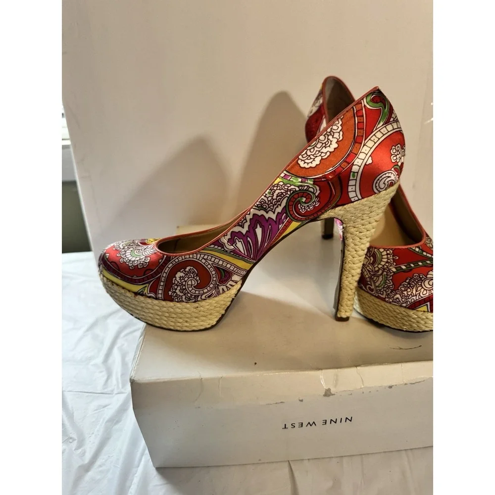 Nine West Paisley Platform Pumps Rope Wrap Heel Size 8.5 Y2K Style Satin 5